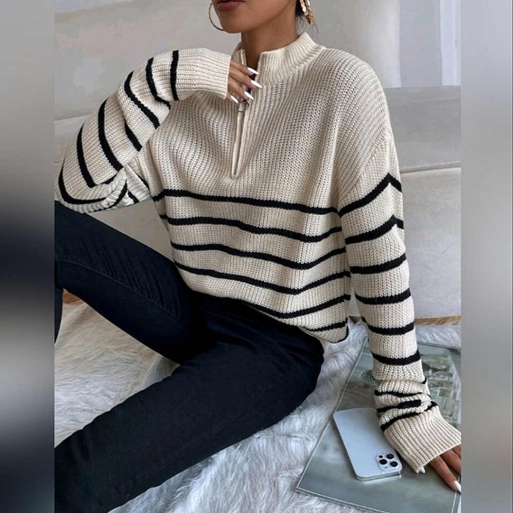 NEW Zip Striped Oversized Knit Pullover Sweater Top Tan Black - Picture 5 of 8